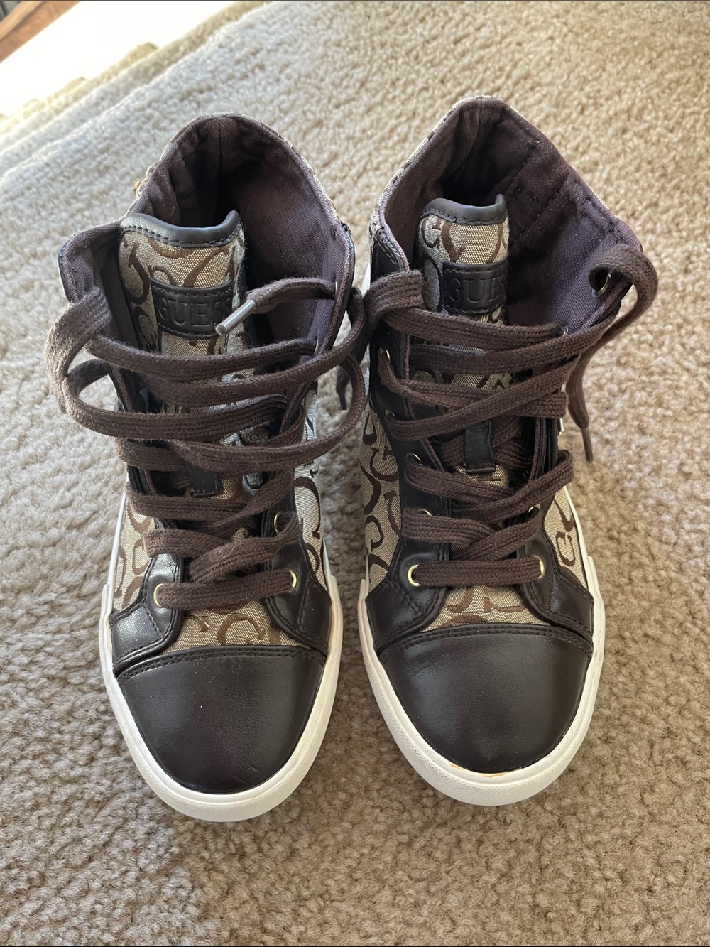 Guess Women’s Signature Brown & Tan High Top Leather/Canvas Sneakers Size 8.5
